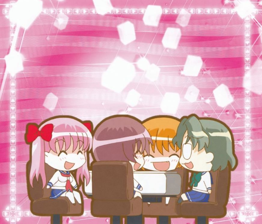 haramura nodoka, kataoka yuuki, miyanaga saki, someya mako, saki (manga), 00s, 4girls, ^ ^, board game, chibi, closed eyes, hair ribbon, mahjong, multiple girls, playing games, ribbon, school uniform, serafuku, smile, sparkle