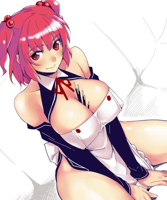 yurikawa, onozuka komachi, dream c club, dream c club (series), touhou, 1girl, alternate costume, bare shoulders, between breasts, breasts, cleavage, fang, female focus, food, large breasts, pocky, red hair, short hair, sitting, solo, spread legs, thighs, twintails, two side up