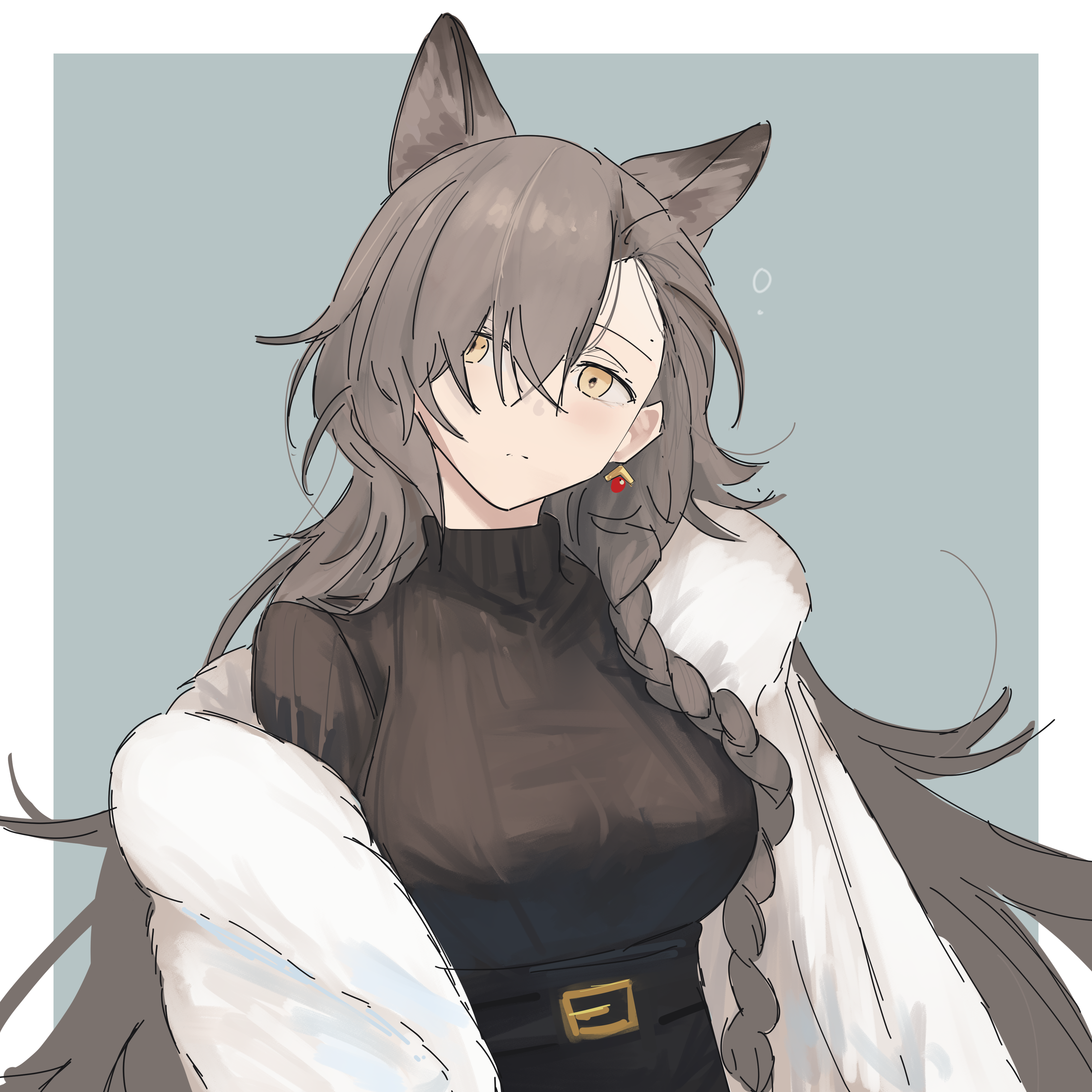 myticalcat, penance (arknights), penance (occasionally flushed) (arknights), arknights, absurdres, commentary, english commentary, highres, 1girl, animal ear fluff, animal ears, black sweater, blue background, braid, breasts, brown eyes, closed mouth, earrings, extra ears, grey hair, hair between eyes, jewelry, light blush, long hair, looking at viewer, medium breasts, mole, mole above eye, mole on forehead, official alternate costume, simple background, solo, sweater, turtleneck, turtleneck sweater, upper body, wolf ears, wolf girl