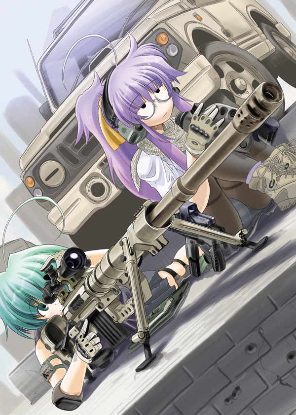 excel (gewalt), sniper, 2girls, ahoge, aqua eyes, aqua hair, bipod, bolt action, cheytac m-200 intervention, dutch angle, glasses, gloves, gun, long hair, military, motor vehicle, multiple girls, panties, pantyhose, pantyshot, pickup truck, ponytail, purple hair, rifle, scope, sitting, sniper rifle, sniper team, striped clothes, striped panties, trigger discipline, truck, underwear, weapon
