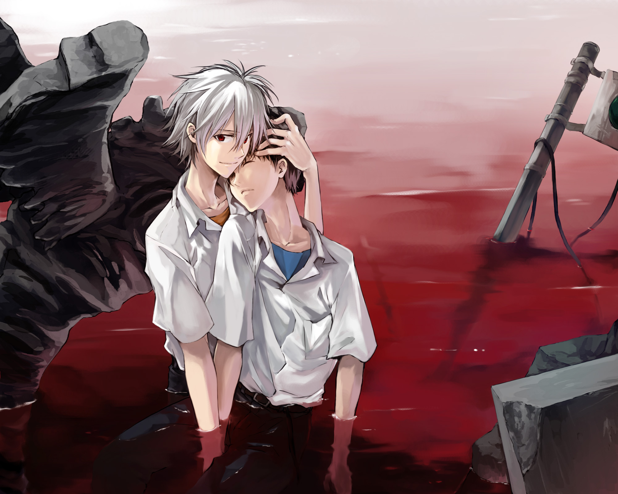 maka (morphine), masaki (celesta), ikari shinji, nagisa kaworu, neon genesis evangelion, highres, 2boys, blood, brown hair, closed eyes, hug, male focus, multiple boys, red eyes, school uniform, short hair, smile, water, white hair, yaoi