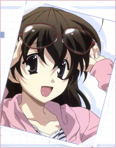 saionji sekai, school days, lowres, 00s, 1girl, blue hair, brown hair, female focus, glasses, open mouth, shirt, smile, solo, striped clothes, striped shirt