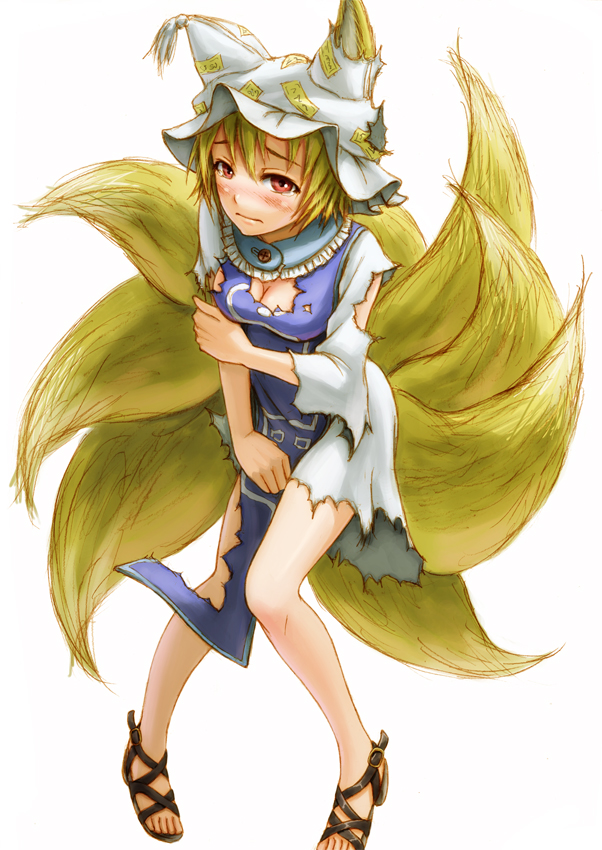 kurione (pixiv), kurione (zassou), yakumo ran, touhou, bad id, bad pixiv id, 1girl, animal ears, blonde hair, breasts, cleavage, embarrassed, female focus, fox ears, fox tail, hat, kitsune, kyuubi, large breasts, legs, multiple tails, pigeon-toed, red eyes, sandals, short hair, simple background, solo, tail, tears, torn clothes
