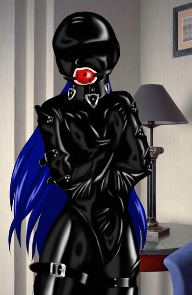 kokuyousha, 1futa, ball gag, bdsm, blue hair, bondage, bound, collar, futanari, gag, gagged, gimp mask, gimp suit, humiliation, lamp, latex, long hair, mask, restrained, saliva, slave, solo, straitjacket, strap