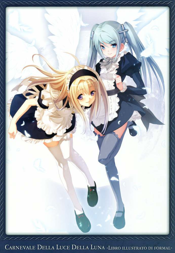 oosaki shin'ya, anna (gekkou no carnevale), lunaria, gekkou no carnevale, nitroplus, 2girls, bent over, blonde hair, blue eyes, blue hair, cross, feathers, frills, leg lift, long hair, maid, multiple girls, purple eyes, smile, thighhighs, twintails, wings, zettai ryouiki