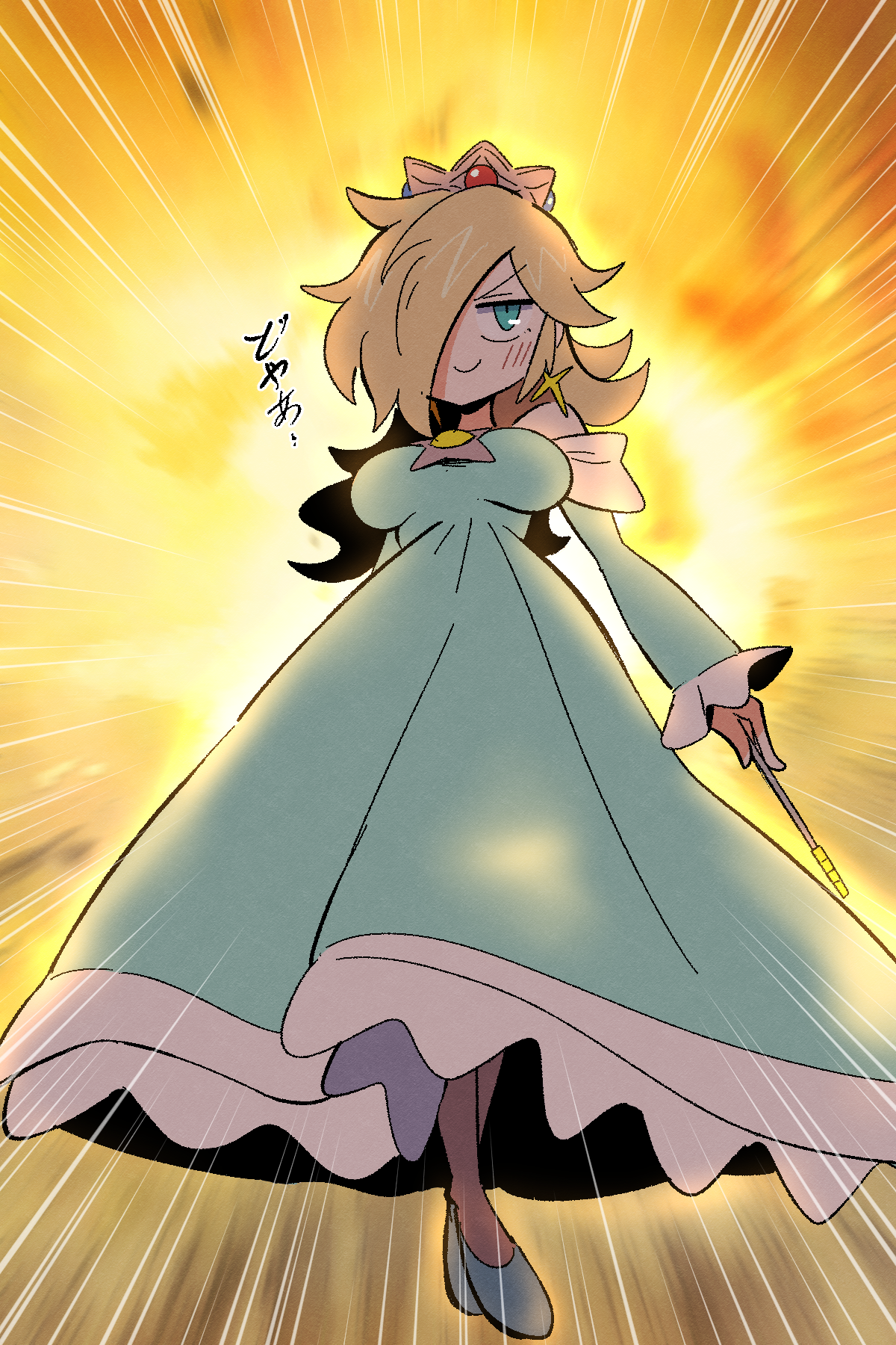 kurachi mizuki, rosalina, mario (series), nintendo, the super mario galaxy movie, highres, 1girl, alternate breast size (larger), blonde hair, blue dress, blue eyes, breasts, closed mouth, crown, dress, earrings, explosion, full body, hair over one eye, holding, holding wand, jewelry, large breasts, long hair, long sleeves, looking at viewer, solo, star (symbol), star earrings, wand