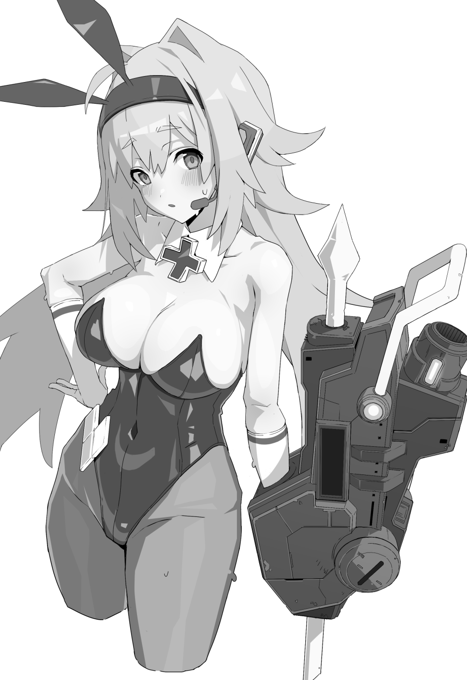 shitagani, hanna fritz, cosmic break, highres, 1girl, :o, alternate costume, animal ear hairband, animal ears, bare shoulders, black leotard, breasts, cross, detached collar, fake animal ears, hairband, hand on own hip, iron cross, large breasts, leotard, long hair, pantyhose, pile bunker, playboy bunny, rabbit ears, strapless, strapless leotard, sweatdrop