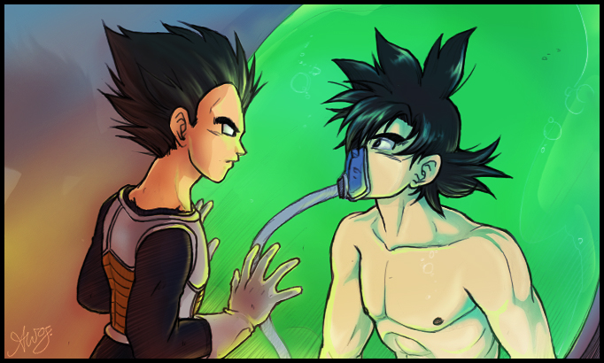 son goku, vegeta, dragon ball, dragonball z, artist request, bubble, mask, military, military vehicle, motor vehicle, person in container, tank