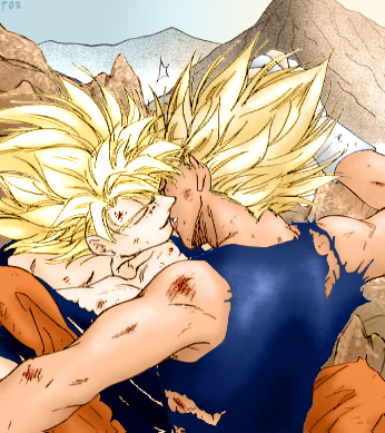 son goku, vegeta, dragon ball, dragonball z, lowres, 2boys, blonde hair, closed eyes, kiss, male focus, multiple boys, outdoors, sky, super saiyan, yaoi