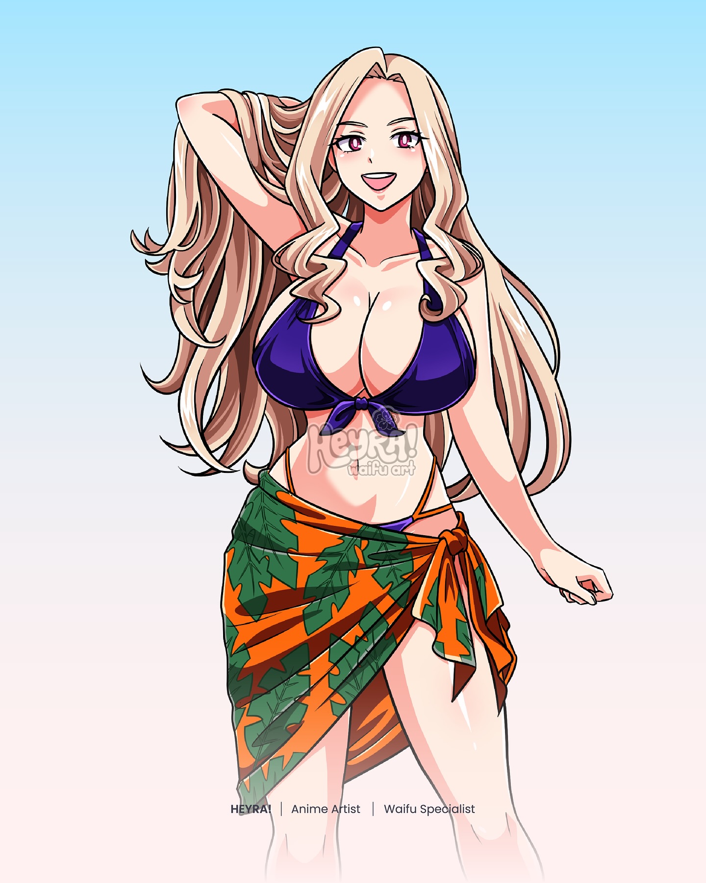 mount lady, boku no hero academia, commentary, commission, english commentary, highres, 1girl, arm behind head, artist name, bikini, blonde hair, breasts, collarbone, drill hair, drill sidelocks, feet out of frame, front-tie bikini top, front-tie top, gradient background, hand in own hair, heyreza.art, huge breasts, long hair, navel, open mouth, orange skirt, pink eyes, purple bikini, sidelocks, skirt, smile, solo, swimsuit, very long hair, watermark