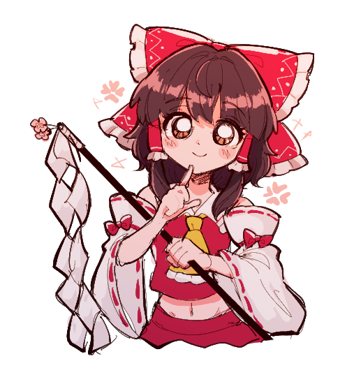 clover (clover11 40), hakurei reimu, touhou, commentary, 1girl, ascot, blush, bow, brown eyes, brown hair, closed mouth, detached sleeves, frilled bow, frilled hair tubes, frills, gohei, hair bow, hair tubes, holding, holding gohei, long hair, looking at viewer, midriff, navel, red bow, red skirt, ribbon-trimmed sleeves, ribbon trim, simple background, skirt, skirt set, smile, solo, white background, yellow ascot
