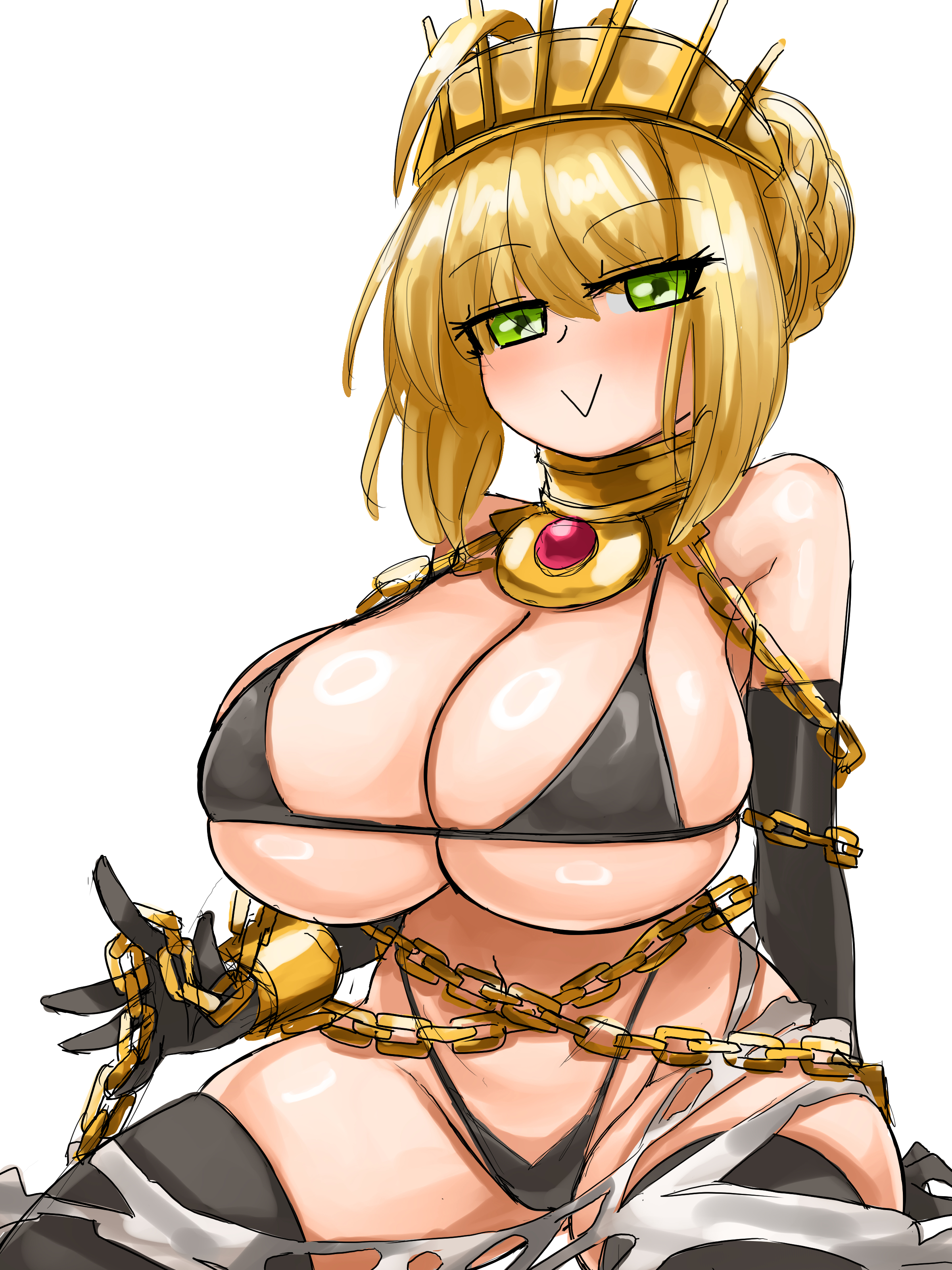 steamingtofu, nero claudius (fate), zenobia (fate), fate/extra, fate/grand order, fate (series), absurdres, highres, 1girl, :>, ahoge, bare shoulders, bikini, bikini bottom lift, black bikini, black gloves, black thighhighs, blonde hair, braid, breasts, chain, collar, cosplay, crown, cuffs, gloves, green eyes, hair bun, hair ornament, huge breasts, jewelry, light blush, looking at viewer, simple background, smug, solo, swimsuit, thighhighs, wide hips, zenobia (fate) (cosplay)