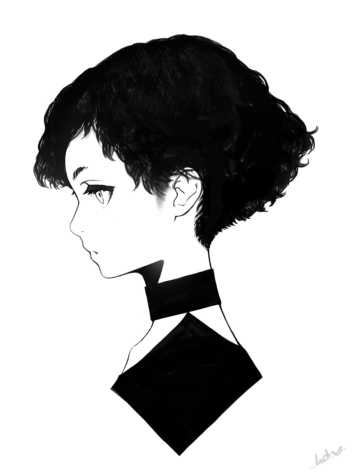 senda satoru, original, highres, 1girl, choker, closed mouth, eyelashes, from side, greyscale, monochrome, portrait, profile, short hair, signature, simple background, solo, very short hair, white background