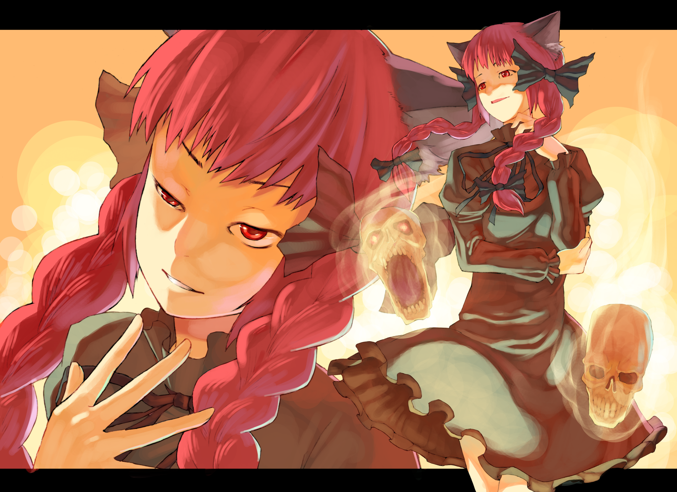 takeda kanryuusai, kaenbyou rin, touhou, bad id, bad pixiv id, highres, 1girl, animal ears, annoyed, braid, dress, female focus, letterboxed, long hair, multiple views, red eyes, skull, twin braids