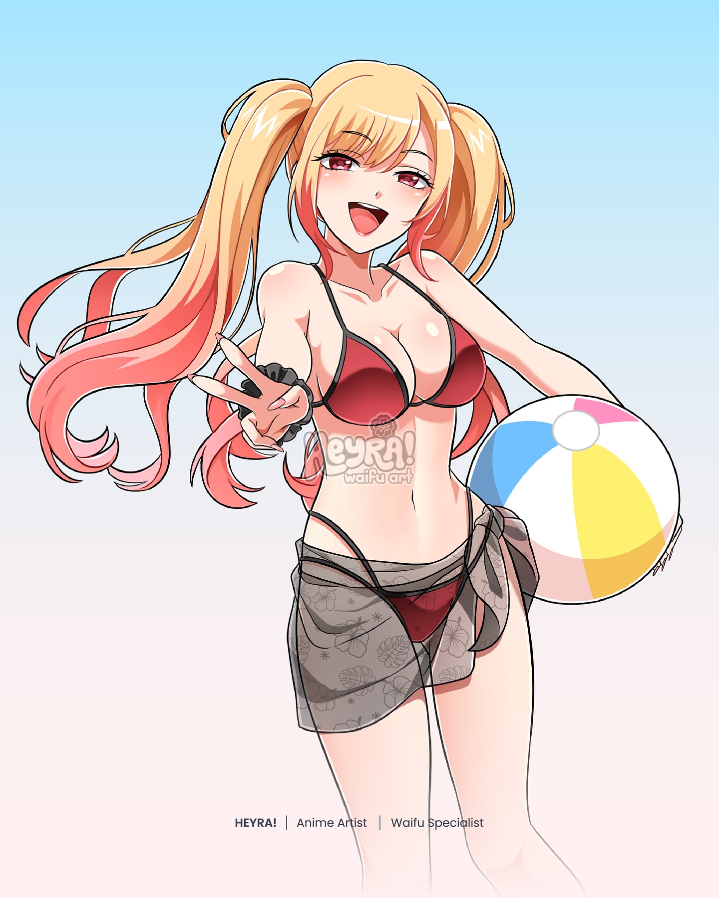 kitagawa marin, sono bisque doll wa koi wo suru, commentary, commission, english commentary, highres, 1girl, alternate hairstyle, ball, beachball, bikini, blonde hair, bow, breasts, cleavage, gradient hair, heyreza.art, holding, holding ball, holding beachball, large breasts, multicolored hair, navel, open mouth, pink eyes, pink hair, red bikini, red bow, scrunchie, see-through clothes, see-through skirt, sidelocks, skirt, smile, solo, swimsuit, twintails, watermark, wrist scrunchie