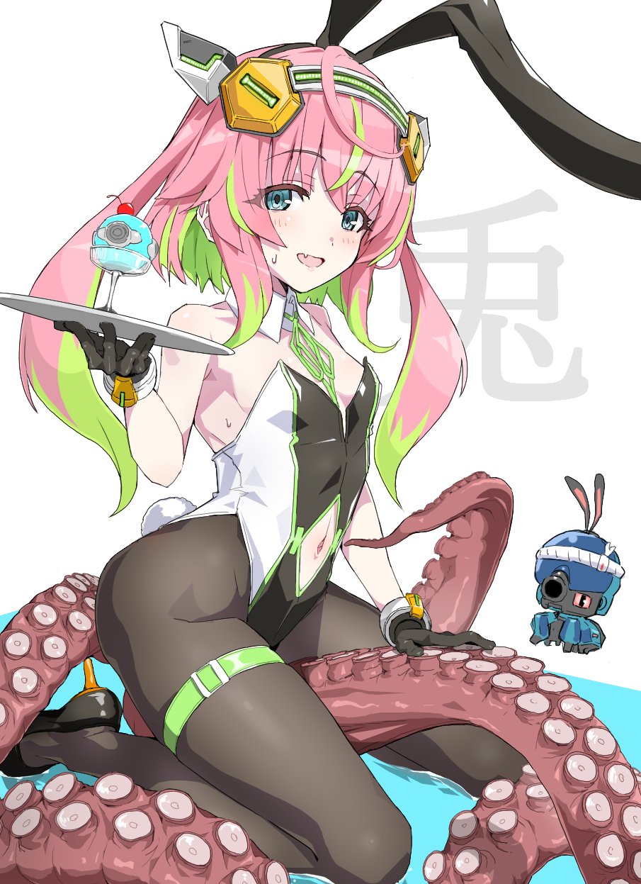 shitagani, cosmic break, highres, 1girl, animal ears, belt, cherry, clothing cutout, cup, detached collar, fake animal ears, fang, flat chest, food, fruit, full body, green hair, high heels, holding, holding tray, leotard, multicolored hair, navel cutout, octopus, open mouth, pantyhose, pink hair, playboy bunny, rabbit ears, rabbit tail, robot, seiza, sitting, skin fang, smile, sonia pancake, strapless, strapless leotard, tail, tentacles, tray, two-tone hair