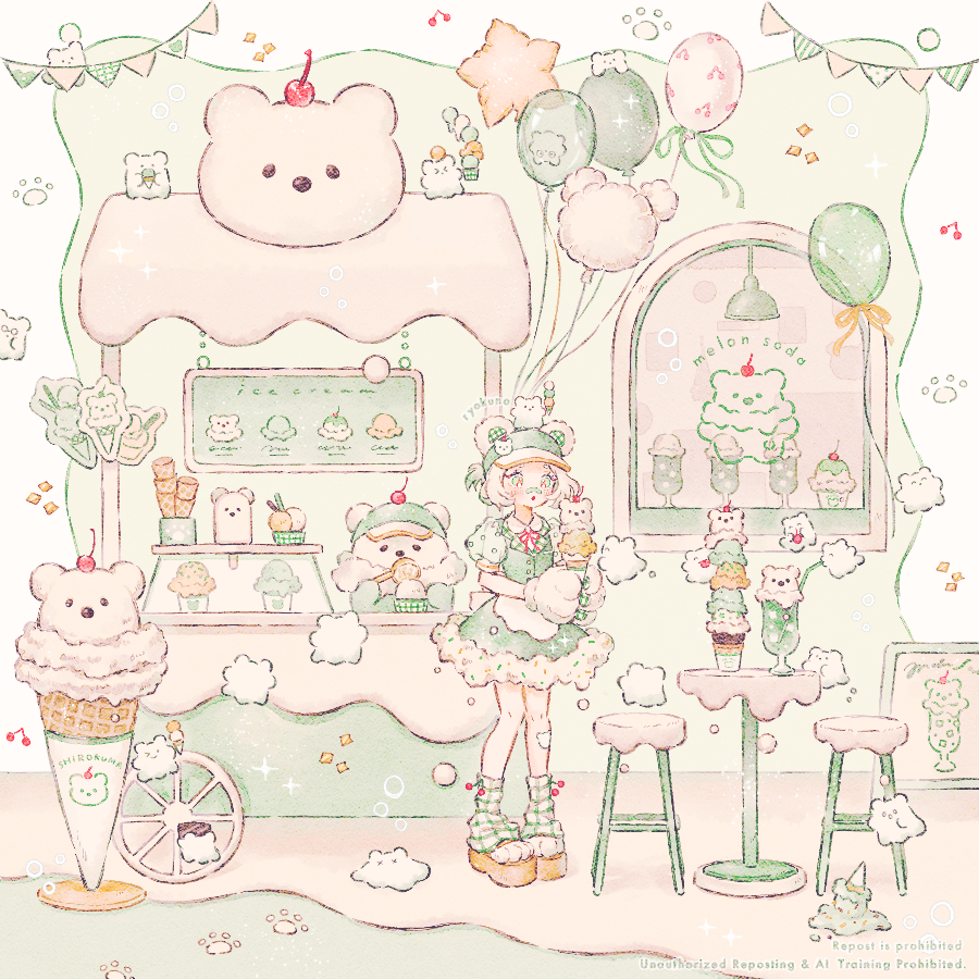 ryokuno green, original, commentary request, 1girl, 1other, :o, animal, animal ears, animal hands, apron, artist name, balloon, bandaid, bandaid on face, bandaid on nose, bear, bear ears, bell, buttons, cherry, collared shirt, colored tips, dessert, fake animal ears, food, food stand, fruit, ghost, gloves, green skirt, green vest, holding, holding ice cream cone, ice cream, ice cream bar, ice cream cone, ice cream cone spill, ice cream stand, leg warmers, melon soda, menu, multicolored hair, neck ribbon, parted lips, pastel colors, paw gloves, platform sandals, polar bear, puffy short sleeves, puffy sleeves, red ribbon, ribbon, sandals, shirt, shop, short hair, short sleeves, skirt, sparkle, standing, stool, string of flags, table, vest, visor cap, waist apron, wheel, white apron, white background, white hair, wide shot