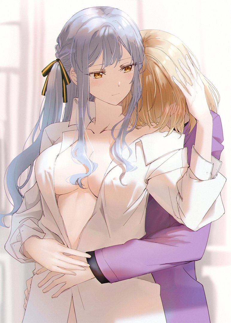 rhapsode, misumi uika, togawa sakiko, bang dream!, bang dream! it's mygo!!!!!, 2girls, blonde hair, blue hair, blush, breasts, cleavage, closed mouth, hand on another's head, hug, hug from behind, large breasts, long hair, medium hair, multiple girls, open clothes, open shirt, purple shirt, shirt, smile, white shirt, yellow eyes, yuri