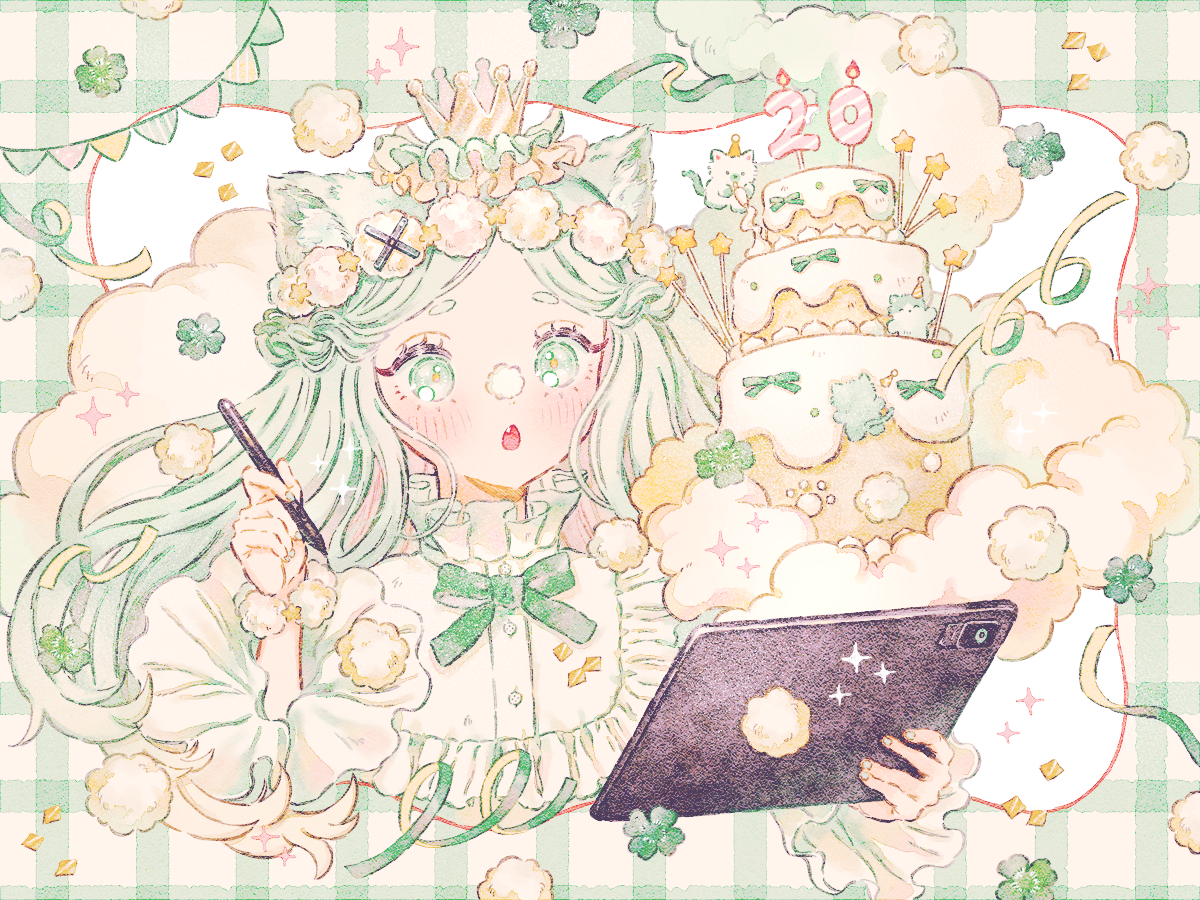 ryokuno green, original, commentary request, 1girl, :o, animal ear fluff, animal ears, bib collar, birthday cake, black bow, black bowtie, blush, bow, bowtie, bracelet, braid, cake, cat ears, cat girl, clover, confetti, cropped torso, crown, decorating baked goods, drawing tablet, food, four-leaf clover, frilled sleeves, frills, gold crown, green background, green eyes, green hair, hair ornament, half up braid, holding, holding drawing tablet, holding stylus, jewelry, layer cake, long hair, long sleeves, mini crown, open mouth, parted bangs, plaid background, pom pom (clothes), pom pom hair ornament, short eyebrows, sparkle, star (symbol), string of flags, stylus