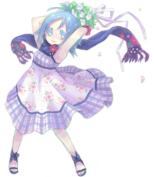 inase, bad id, bad pixiv id, ahoge, blue eyes, blue hair, dress, flower, petals, ribbon, sandals, scarf, short hair, solo