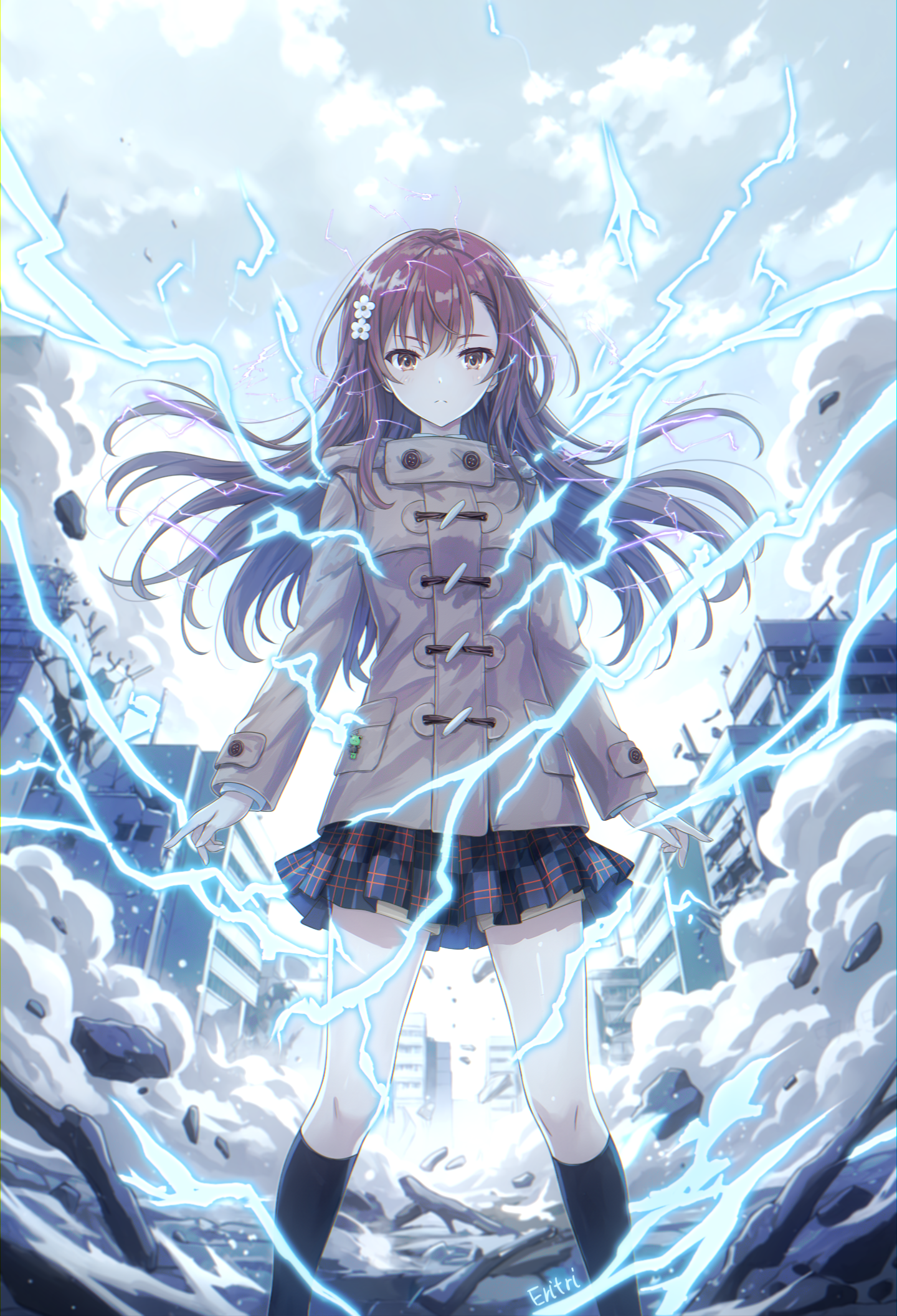 eritri, gekota, misaka mikoto, toaru majutsu no index, toaru majutsu no index: new testament, highres, 1girl, academy city, alternate hair length, alternate hairstyle, artist name, black socks, brown coat, brown eyes, brown hair, building, city, cloud, cloudy sky, coat, debris, destruction, duffel coat, dust, dust cloud, electricity, electrokinesis, gekota (character), grey sky, hair ornament, hairpin, kneehighs, long hair, long sleeves, looking at viewer, miniskirt, outdoors, plaid clothes, plaid skirt, rubble, school uniform, skirt, sky, socks, solo, tokiwadai school uniform, winter uniform