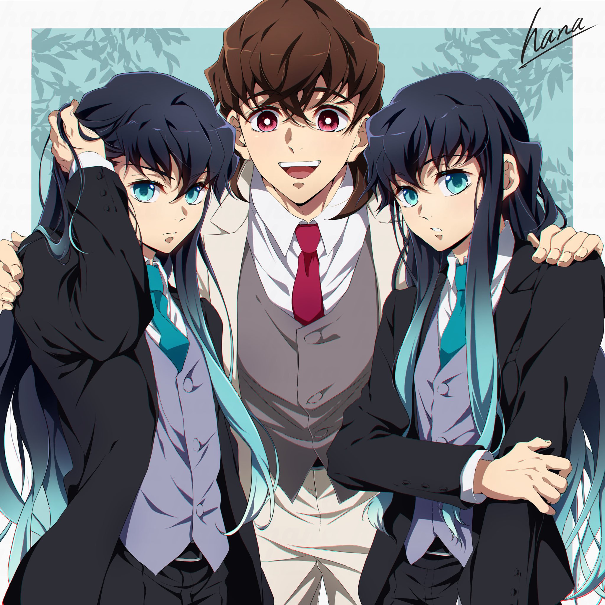 hana ni nare, muichiro's father (kimetsu no yaiba), tokitou muichirou, tokitou yuichirou, kimetsu no yaiba, highres, 3boys, aqua eyes, aqua hair, aqua necktie, belt, black hair, black jacket, black pants, black suit, brothers, brown hair, closed mouth, formal clothes, gradient hair, grey vest, jacket, long hair, long sleeves, male focus, multicolored hair, multiple boys, necktie, open mouth, pants, red eyes, red necktie, siblings, smile, suit, twins, two-tone hair, vest, white jacket, white pants, white suit