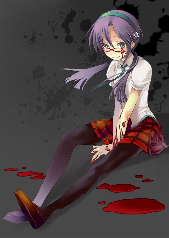 platinumcorundum, makinami mari illustrious, neon genesis evangelion, rebuild of evangelion, bad id, bad pixiv id, 00s, 1girl, blood, female focus, glasses, green eyes, hairband, long hair, pantyhose, plaid clothes, plaid skirt, purple hair, school uniform, sitting, skirt, smile, solo, twintails