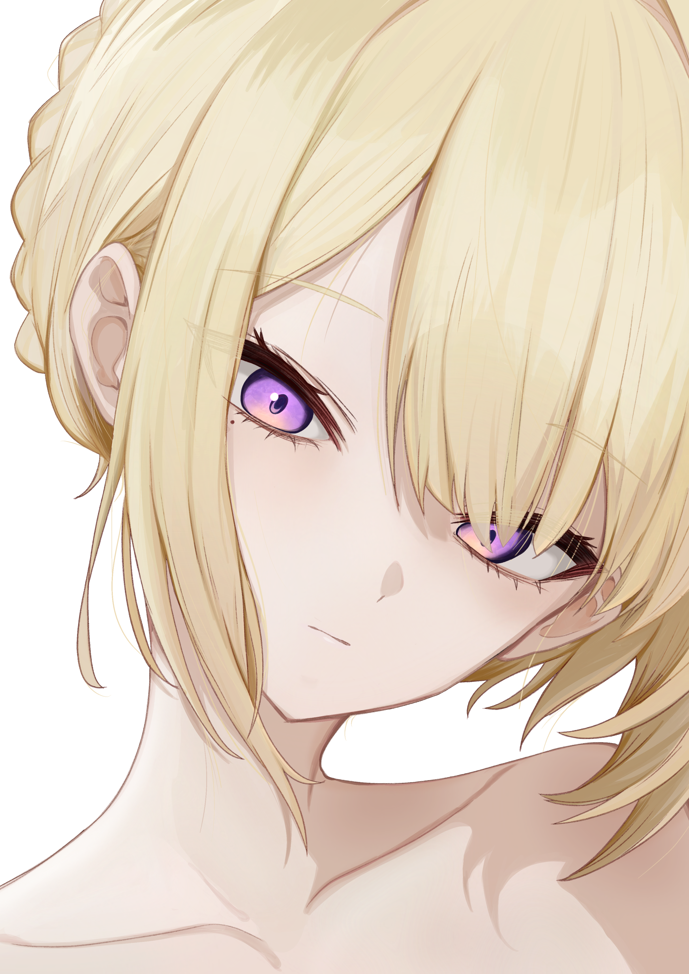 ponpokotanutan1, evelyn chevalier, zenless zone zero, absurdres, highres, 1girl, blonde hair, close-up, closed mouth, collarbone, hair between eyes, looking at viewer, mole, mole under eye, nude, portrait, purple eyes, sidelocks, simple background, solo, white background