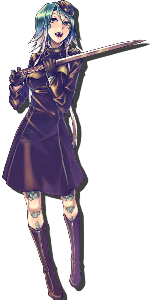 julion (akesuzu), original, bad id, bad pixiv id, 1girl, boots, dress, fangs, female focus, gloves, green hair, hat, short hair, solo, sword, weapon