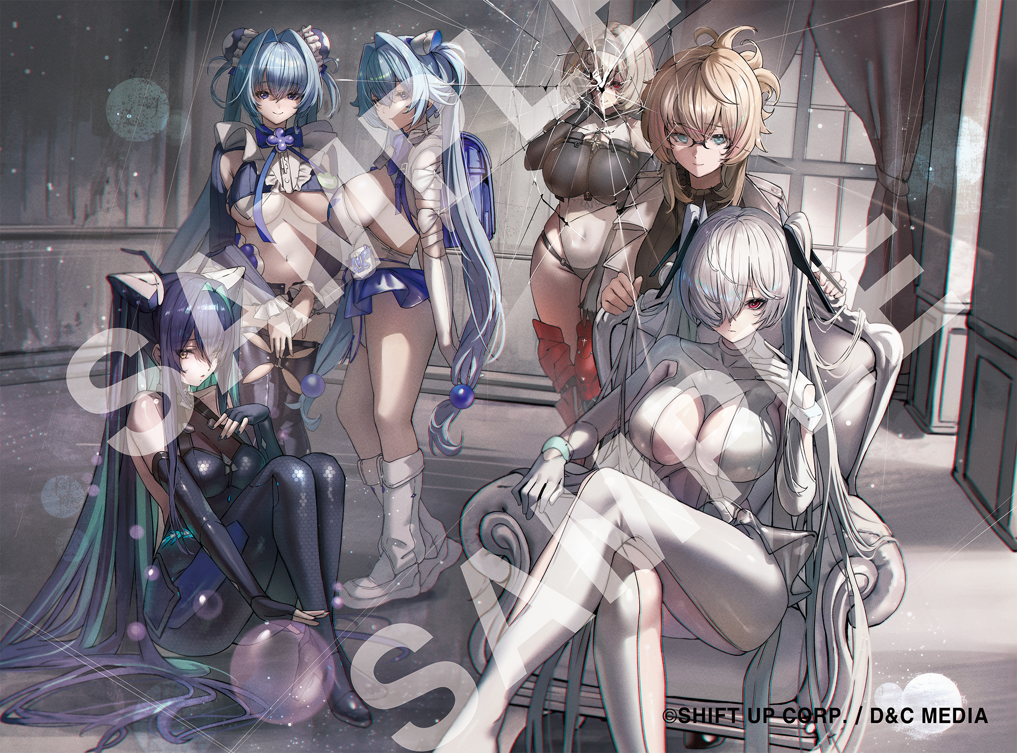 jindogod, abe (nikke), cinderella (nikke), gretel (nikke), hansel (nikke), little mermaid (nikke), red shoes (nikke), goddess of victory: nikke, highres, official art, tagme, 6+girls, bodysuit, covered navel, hair over one eye, multiple girls, old tales (nikke), one eye covered, red eyes, sample watermark, watermark, white bodysuit, yellow eyes