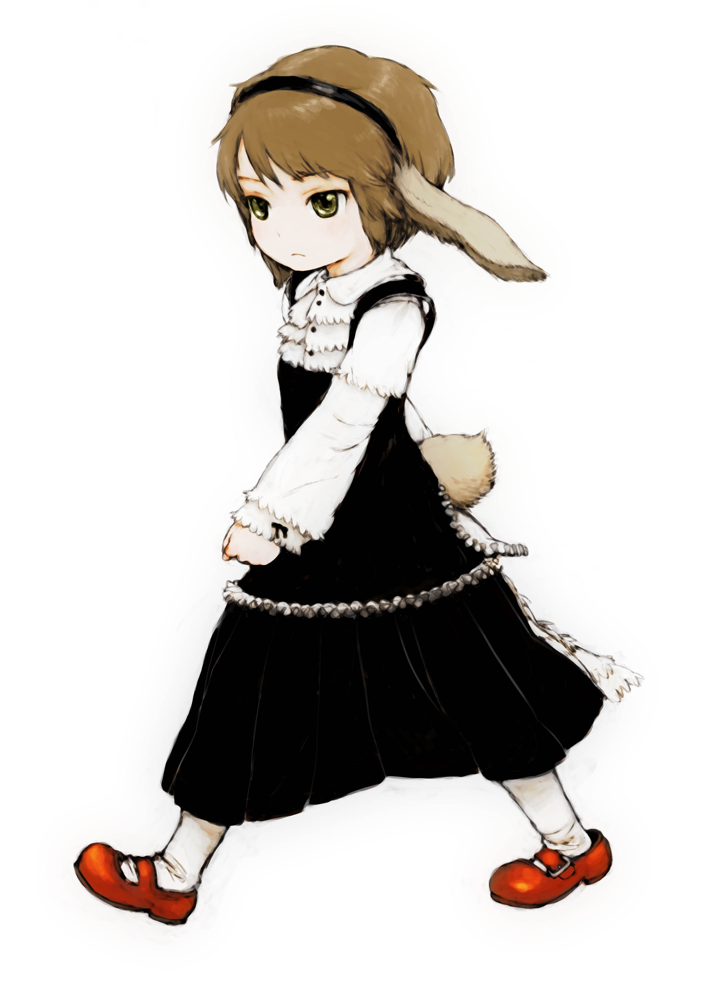feral lemma, absurdres, bad id, bad pixiv id, highres, 1girl, animal ears, brown hair, child, dress, female focus, hairband, mary janes, rabbit ears, shoes, short hair, simple background, solo, tail, walking