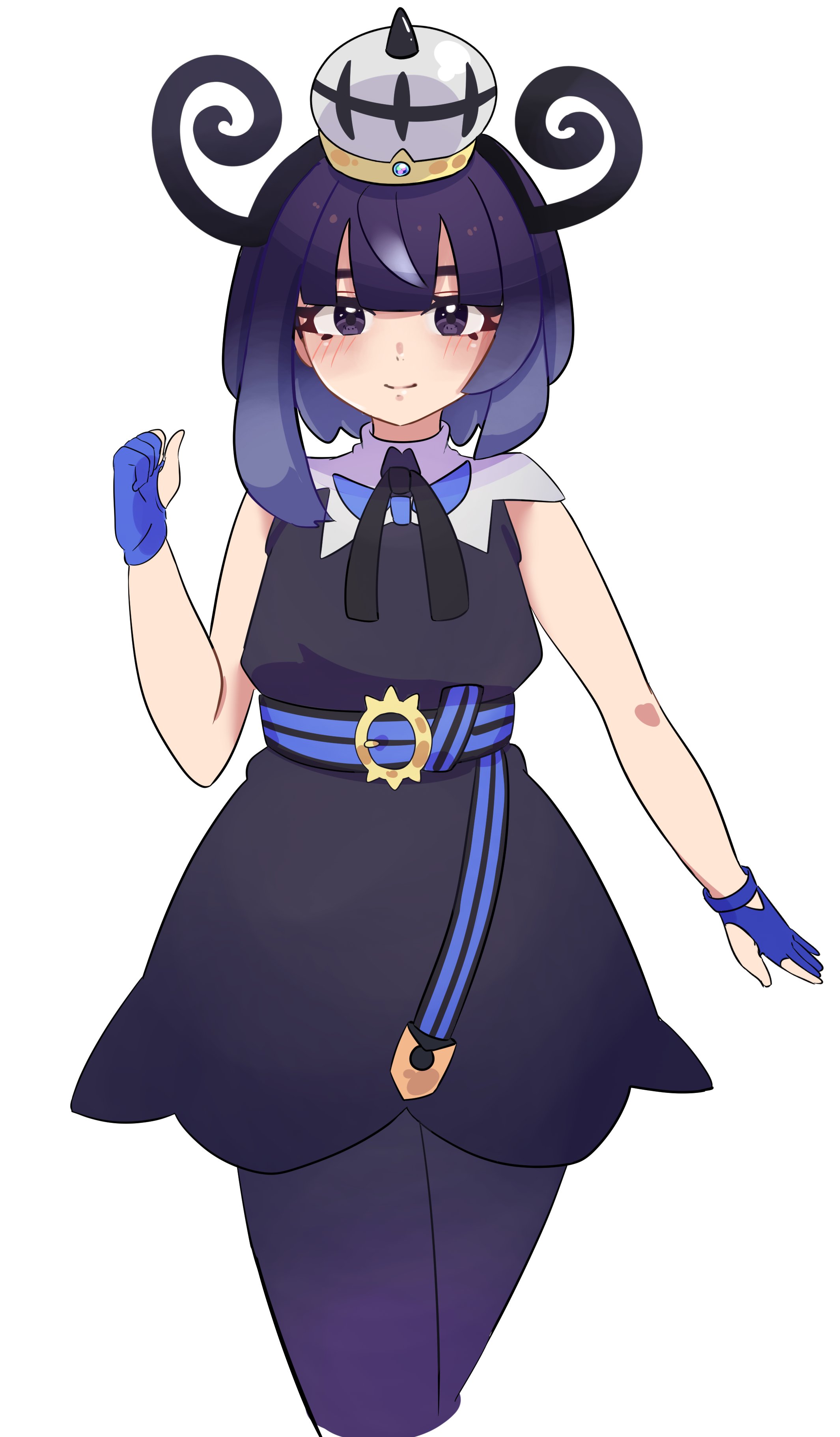 inuinukawae, gwynn (pokemon), pokemon, pokemon legends: z-a, 1girl, belt, belt buckle, blue gloves, blush, bob cut, buckle, closed mouth, cowboy shot, dress, eyelashes, gloves, hat, looking at viewer, o-ring, o-ring belt, pantyhose, partially fingerless gloves, purple dress, purple eyes, purple hair, purple pantyhose, short hair, sleeveless, sleeveless dress, smile, solo, white background