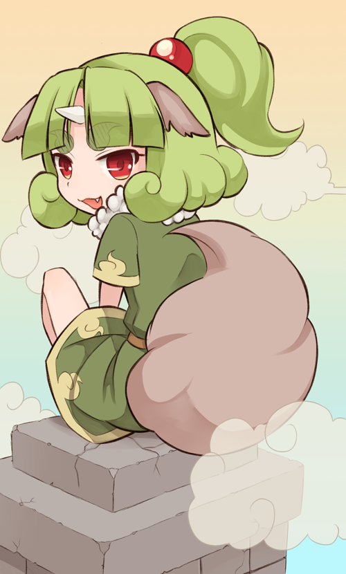 emdo (norabbit), ikoma, original, eyebrows, bad id, bad pixiv id, 1girl, animal ears, child, fang, female focus, green hair, horns, looking back, oni, open mouth, ponytail, red eyes, single horn, sitting, solo, tail