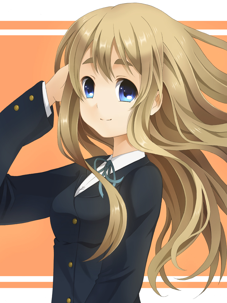 laco soregashi, kotobuki tsumugi, k-on!, bad id, bad pixiv id, 00s, 1girl, adjusting hair, blue eyes, brown hair, female focus, long hair, school uniform, smile, solo