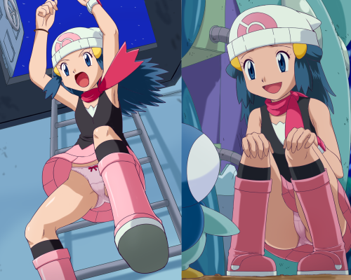 pokemoa, dawn (pokemon), piplup, nintendo, pokemon, pink footwear, white headwear, lowres, 1girl, animal, beanie, bird, black shirt, black socks, blue eyes, blue hair, boots, bow, bow panties, gen 4 pokemon, hair ornament, hairclip, hands on own knees, hat, jumping, kneehighs, ladder, open mouth, panties, penguin, pink panties, pink scarf, pink skirt, poke ball symbol, pokemon (creature), scarf, shirt, skirt, smile, socks, squatting, tank top, underwear, upskirt