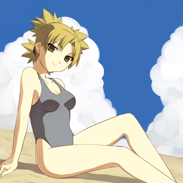 ichii (pixiv), temari (naruto), naruto (classic), naruto (series), 1girl, beach, blonde hair, brown hair, day, female focus, green eyes, one-piece swimsuit, quad tails, short hair, sitting, smile, solo, swimsuit