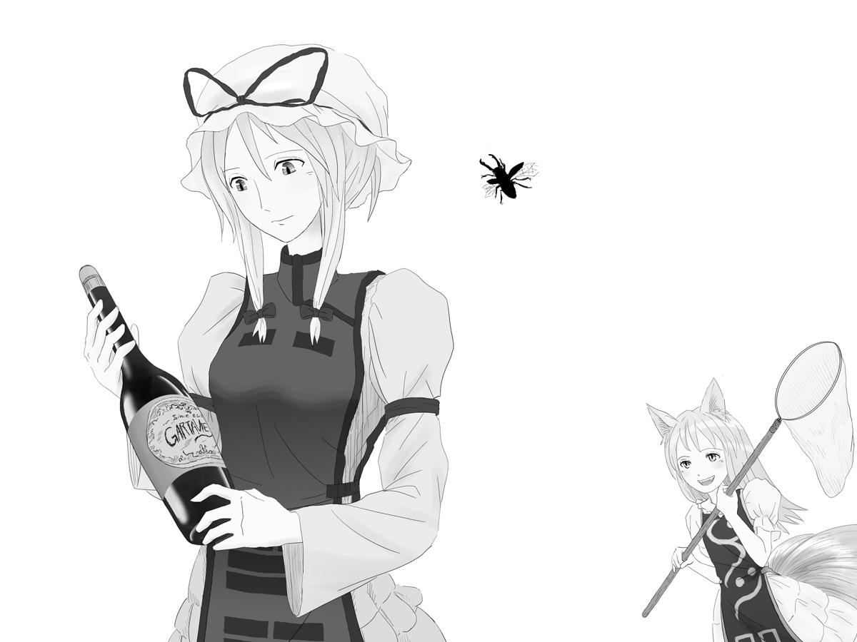 wimifu, yakumo ran, yakumo yukari, touhou, bad id, bad pixiv id, 2girls, aged down, alcohol, animal ears, beetle, bottle, bug, butterfly net, female focus, fox ears, fox tail, greyscale, hand net, hat, holding, insect, long hair, long sleeves, monochrome, multiple girls, multiple tails, net, no headwear, short hair, tail, white background, wide sleeves, wine