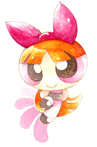 wabiru, blossom (ppg), cartoon network, powerpuff girls, lowres, nib pen (medium), painting (medium), pen (medium), traditional media, watercolor (medium), bow, hair bow, long hair, orange hair, pantyhose, pink eyes, smile, solo, toon (style), white pantyhose