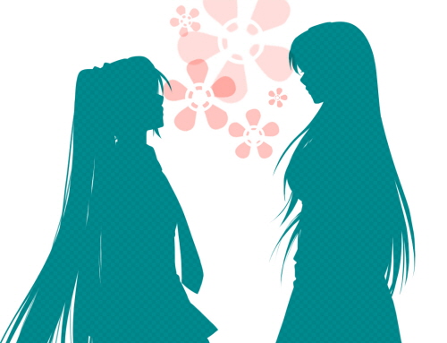 chibiru, hatsune miku, megurine luka, one more kiss (vocaloid), vocaloid, bad id, bad pixiv id, lowres, 2girls, long hair, multiple girls, necktie, silhouette, very long hair