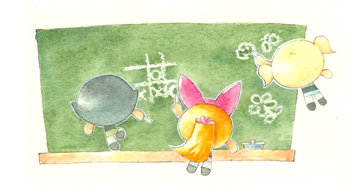 wabiru, blossom (ppg), bubbles (ppg), buttercup (ppg), cartoon network, powerpuff girls, crayon (medium), nib pen (medium), painting (medium), pen (medium), traditional media, watercolor (medium), 3girls, black hair, blonde hair, bow, chalkboard, hair bow, hair ornament, hairclip, long hair, multiple girls, orange hair, short hair, tic-tac-toe, twintails