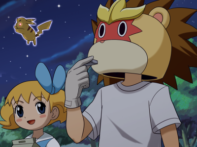 pokemoa, entei, lion (futatsu no spica), molly hale, pikachu, nintendo, pokemon, pokemon (anime), pokemon (classic anime), pokemon 3: the movie – spell of the unown: entei, twin spica, lowres, 00s, 1boy, 1girl, 1other, blush stickers, cosplay, crossover, entei (cosplay), gen 1 pokemon, gen 2 pokemon, legendary pokemon, mask, night, night sky, pokemon (creature), pokesho, sky, smile