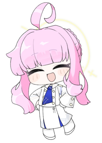 miranofuudoria, kaya (blue archive), blue archive, lowres, 1girl, :d, ^ ^, ahoge, braid, chibi, closed eyes, facing viewer, full body, gloves, halo, hands on own hips, jacket, long hair, long sleeves, open mouth, pantyhose, pink hair, shoes, simple background, skirt, smile, solo, very long hair, white background, white gloves, white jacket, white pantyhose, white shoes, white skirt