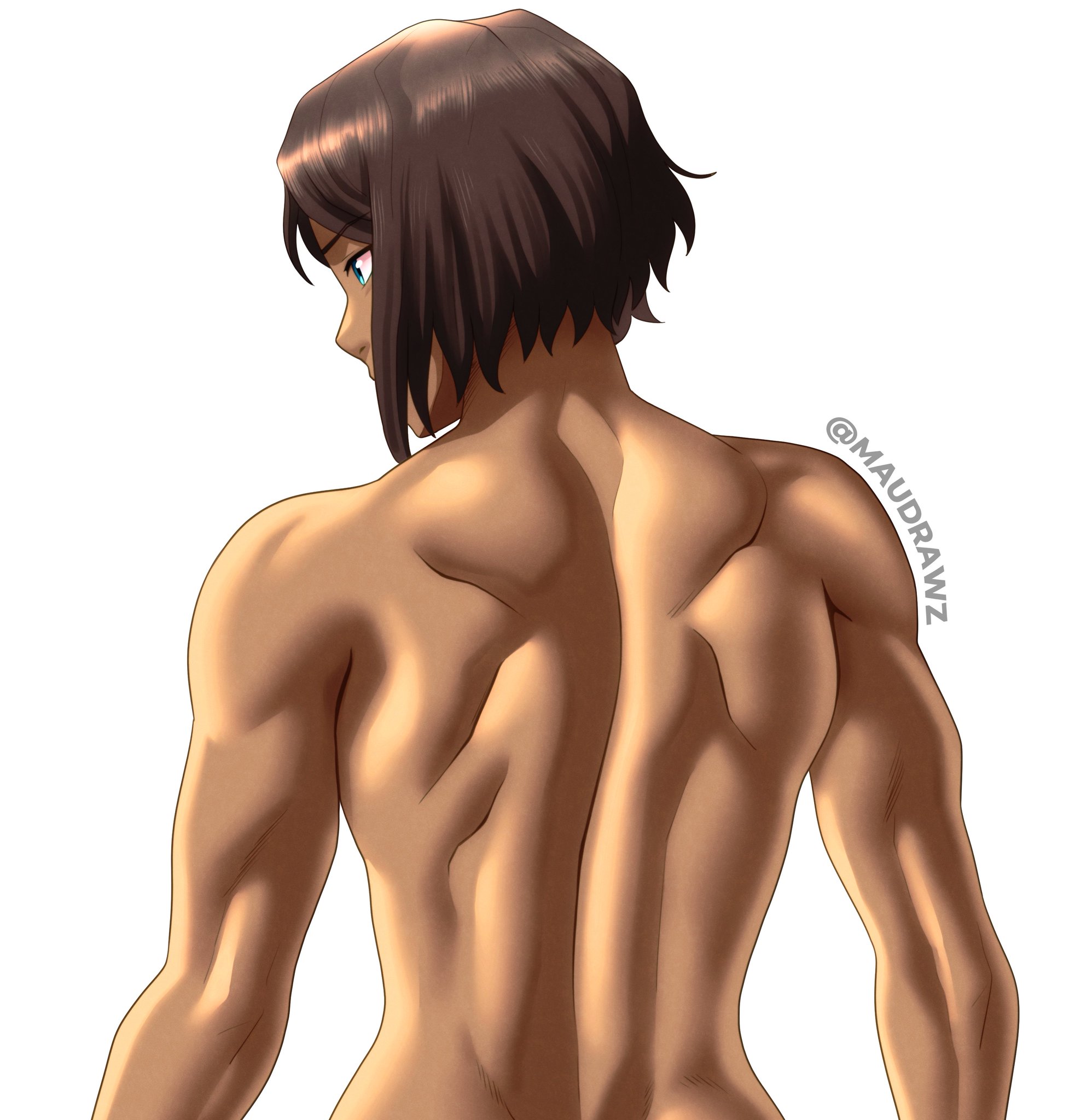 maudrawz, korra, avatar legends, the legend of korra, 1girl, artist name, back, brown hair, muscular arms, nude, short hair, solo