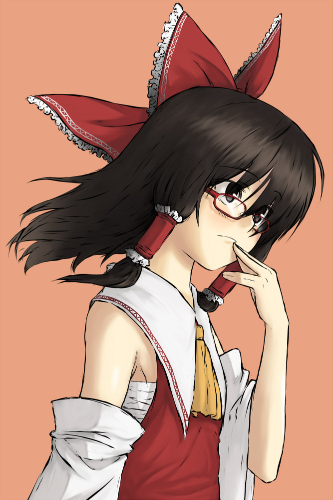 hiroya juuren, hakurei reimu, touhou, 1girl, bespectacled, black eyes, black hair, detached sleeves, female focus, glasses, hair ribbon, japanese clothes, miko, ribbon, sarashi, simple background, solo, upper body