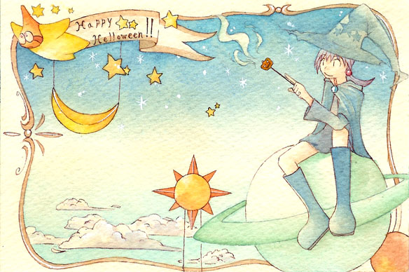wabiru, hoshimaru, tamai shiina, narutaru, nib pen (medium), painting (medium), pen (medium), traditional media, watercolor (medium), 1girl, boots, cloak, cloud, english text, engrish text, halloween, happy halloween, hat, knee boots, moon, planet, purple hair, ranguage, star (symbol), sun, twintails, wand, witch hat