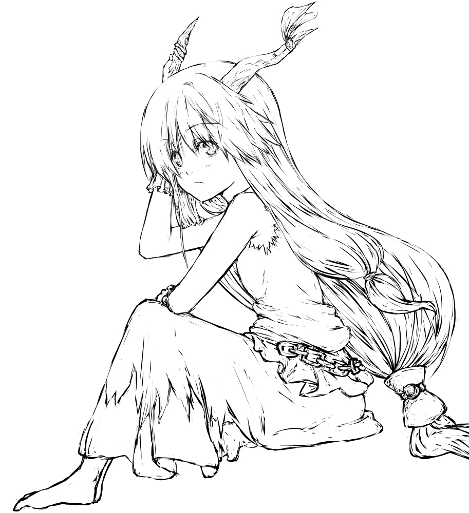 hiroya juuren, ibuki suika, touhou, 1girl, barefoot, chain, female focus, full body, greyscale, horn ornament, horn ribbon, horns, long hair, monochrome, oni, ribbon, sitting, sketch, skirt, solo, white background