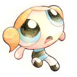 wabiru, bubbles (ppg), cartoon network, powerpuff girls, gouache (medium), lowres, nib pen (medium), painting (medium), pen (medium), traditional media, 1girl, blonde hair, blue eyes, d:, female focus, open mouth, pantyhose, short twintails, solo, toon (style), twintails, white pantyhose