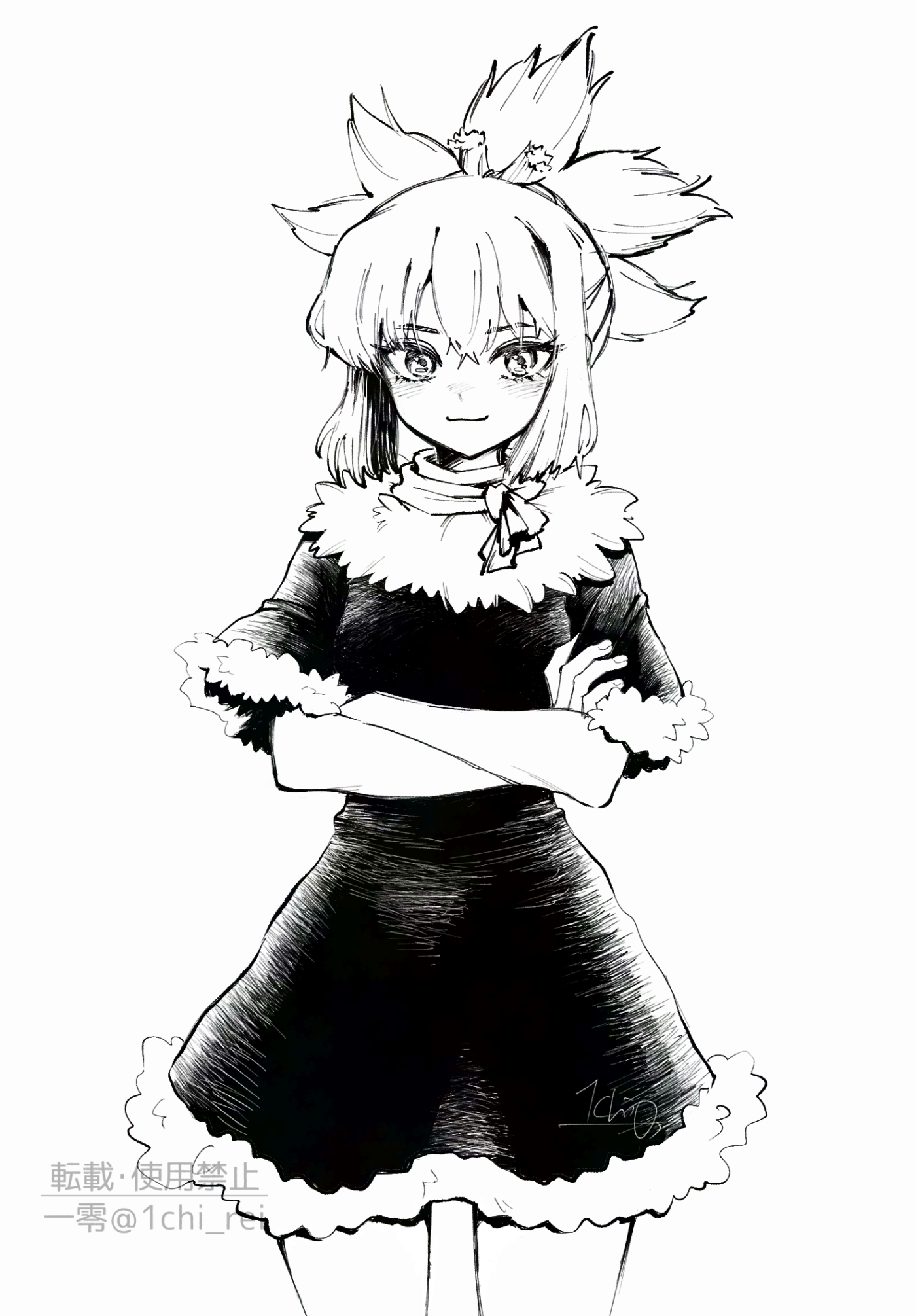 ninomae gin, kohaku (dr. stone), dr. stone, highres, 1girl, closed mouth, cowboy shot, crossed arms, dress, fur-trimmed dress, fur trim, greyscale, looking at viewer, monochrome, ponytail, simple background, smile, solo, standing, white background