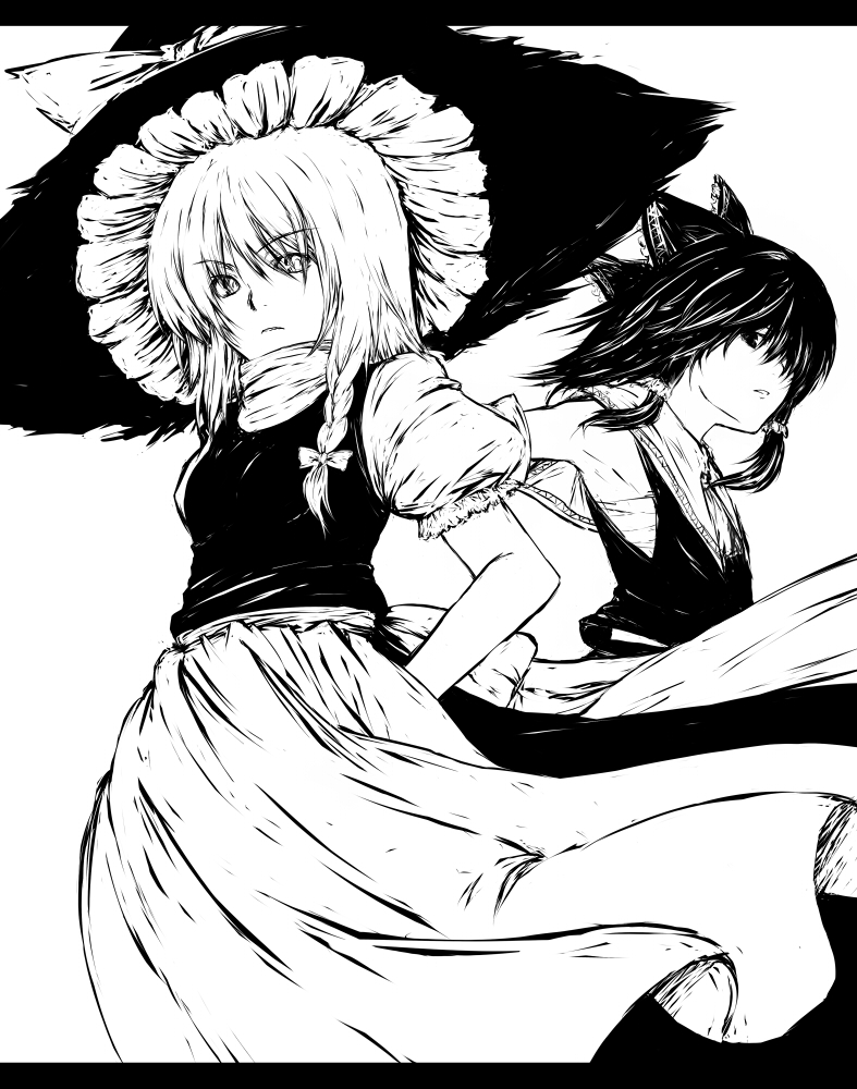 hiroya juuren, hakurei reimu, kirisame marisa, touhou, 2girls, armpits, braid, detached sleeves, female focus, greyscale, hair over one eye, hair ribbon, hat, japanese clothes, letterboxed, miko, monochrome, multiple girls, ribbon, sarashi, skirt, white background, witch, witch hat
