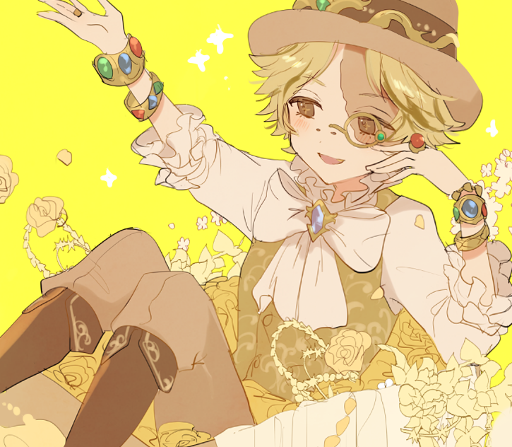 eric knikki, norton campbell, identity v, commentary, symbol-only commentary, 1boy, :d, blonde hair, blue gemstone, boots, bow, bowtie, bracelet, bridge piercing, brown boots, brown eyes, brown pants, face piercing, fang, feet out of frame, flower, fold-over boots, gem, hat, jewelry, light blush, male focus, monocle, norton campbell (mining director), official alternate costume, open mouth, pants, piercing, ring, rose, scar, scar across eye, scar on face, shirt, sitting, smile, solo, three-quarter sleeves, vest, white bow, white bowtie, white shirt, yellow background, yellow flower, yellow rose, yellow theme, yellow vest